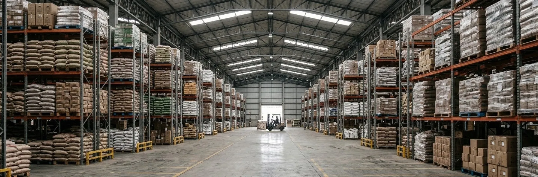 Pasillo de una bodega de distribución con estanterías cargadas de mercadería